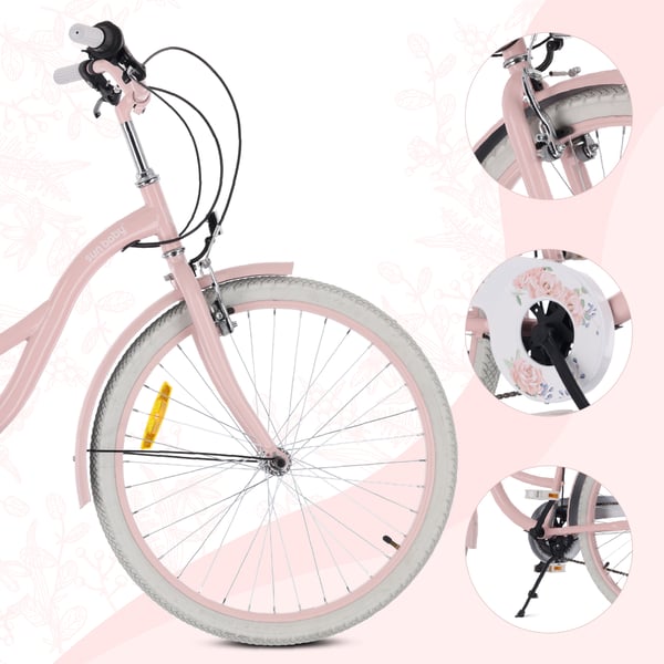 24 tuumanen tyttöjen kaupunkipyörä, Shimano 7 vaihdetta, Flower Bike, vaaleanpunainen, Sun Baby