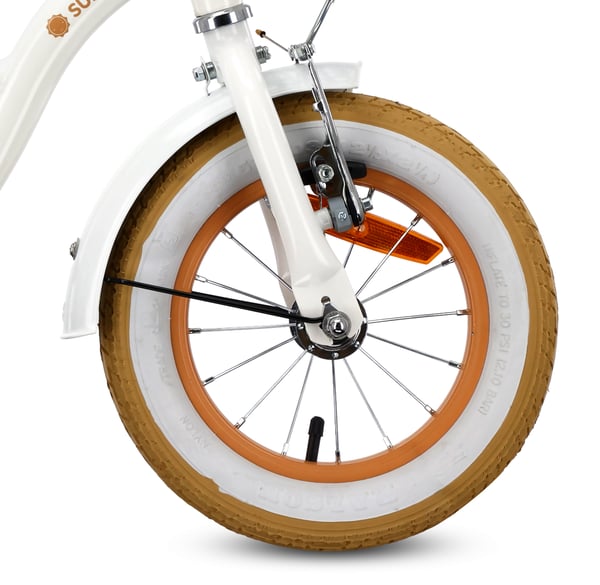 Flower Bike Flickcykel för en flicka 12 14 16 tum, Barncykel 2-6 år, Barncykel med stödhjul, pushbar, justerbar sadel och styre (Vit Beige, 12 Tum)