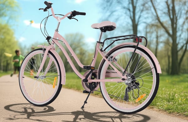 24-tuumainen kaupunkipyörä tytölle, ensikommuuniin, Shimano 7 vaihdetta, Heart Bike, vaaleanpunainen