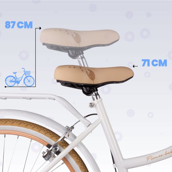 Flower Bike Tyttöjen polkupyörä yhdelle tytölle 24 tuumaa, 8-12 vuotta, Beige ja valkoinen, Lasten polkupyörä, jossa 7-vaihteinen, V-jarru