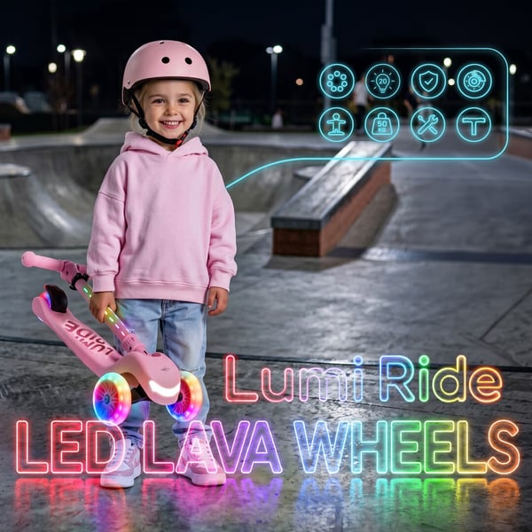 LUMI RIDE Trehjulet Balance Scooter, Sammenklappelig, Justerbar, LED Regnbuehjul med 7 Farver og 20 Programmer, Pink - Sun Baby