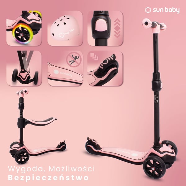 Sun Baby 3-in-1 kolmipyöräinen tasapainoskootteri LED, säädettävä ohjaustanko, max 50 kg, vaaleanpunainen