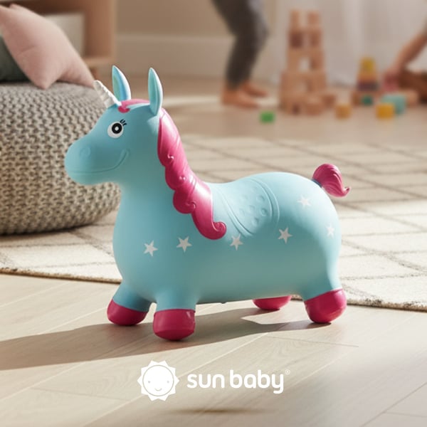 Sun Baby hoppebold til børn Enhjørning blå-lyserød + pumpe og bandana, 12m+, op til 45 kg