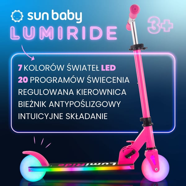 Taitettava kaksipyöräinen potkulauta lapsille 7 LED-väriä/20 ohjelmaa, säädettävä 73-85 cm, fuksianpunainen, Sun Baby