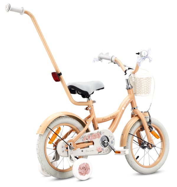 Flower Bike Flickcykel för en flicka 12 14 16 tum, Barncykel 2-6 år, Barncykel med stödhjul, pushbar, justerbar sadel och styre (Aprikos, 14 Tum)