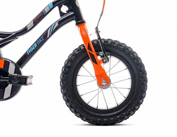 Børnecykel Tiger Bike 12" med skyvestang og støttehjul, V-bremse og fodbremse, sort-orange-turkis