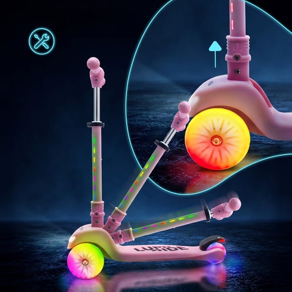LUMI RIDE Trehjulet Balance Scooter, Sammenklappelig, Justerbar, LED Regnbuehjul med 7 Farver og 20 Programmer, Pink - Sun Baby