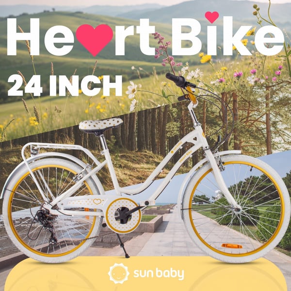sun baby HEART BIKE Børnecykel 24 tommer - 7 gear Shimano -bagagebærer, metalskærme, V-bremse, kædeskærm - Hvid Guld