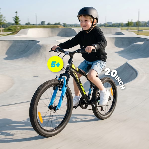 sun baby TIGER BIKE Barncykel 20 tum - 6 växlar Shimano - Justerbar sadel och styre, V-broms, Kedjeskydd - Svart Grön Blå