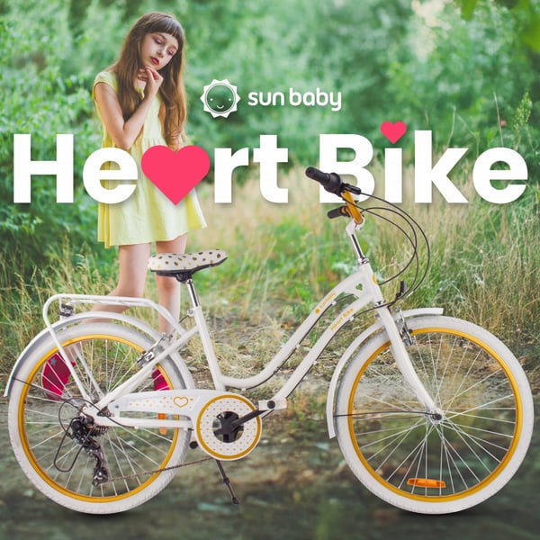 sun baby HEART BIKE Børnecykel 24 tommer - 7 gear Shimano -bagagebærer, metalskærme, V-bremse, kædeskærm - Hvid Guld