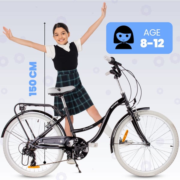 sun baby FLOWER BIKE Børnecykel 24 tommer - 7 gear, V-brakes, forlygter, bagagebærer, skærme - Sort