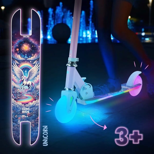 Taitettava kaksipyöräinen potkulauta lapsille, säädettävä, Lumiride LED 7 väriä/20 ohjelmaa, Unicorn, 73-85 cm, musta, Sun Baby
