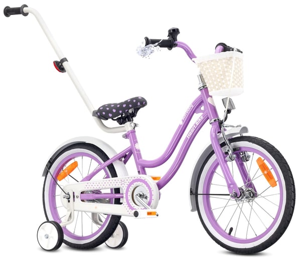 Heart Bike Pigecykel 12 14 16 tommer, Børnecykel 2-6 år, Børnecykel med støttehjul, skubbestang, justerbar sadel og styr (Lilla, 16 tommer)