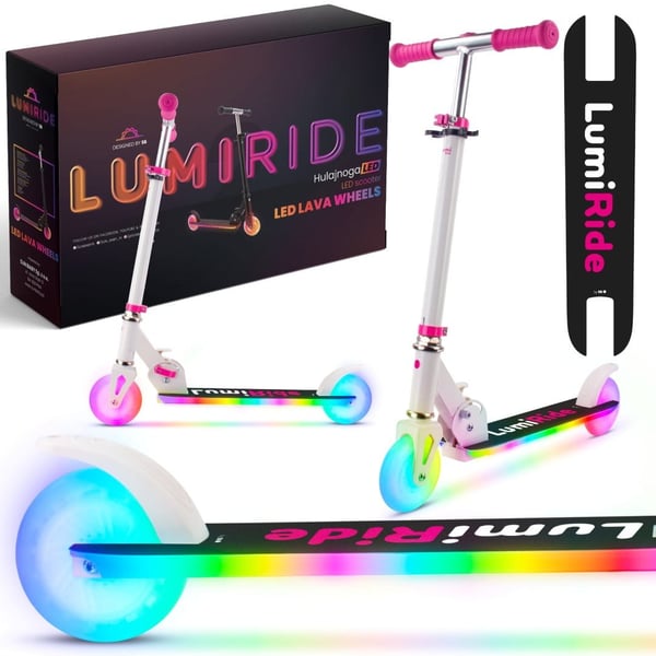 LUMI RIDE Sparkcykel Barn 2 hjul Fuchsia, trehjuling skoter från 3 år, LED - 7 färger, 20 program - 3 nivåer av styrhöjdsjustering, fotbroms