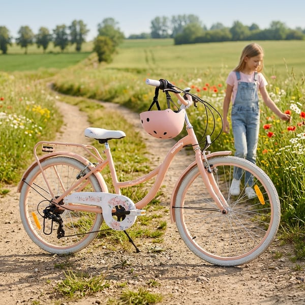 sun baby FLOWER BIKE Barncykel 24 tum - 7 växlar Shimano -pakethållare, stänkskärmar i metall, V-broms, kedjeskydd - Aprikos
