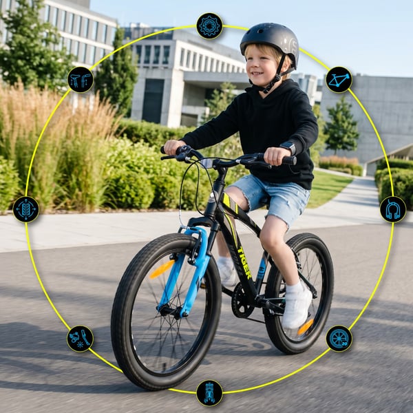 sun baby TIGER BIKE Barncykel 20 tum - 6 växlar Shimano - Justerbar sadel och styre, V-broms, Kedjeskydd - Svart Grön Blå