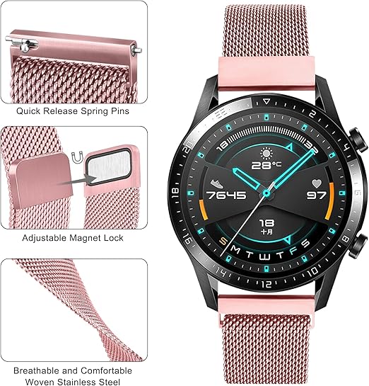 Yleismallinen pinkki teräsverkko Samsung Huawei kelloranneke 22 mm