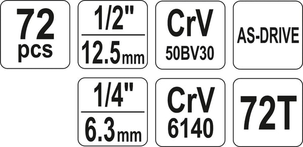 VÆRKTØJSSÆT 1/2'' 1/4' 72 DELE M - YT-38782