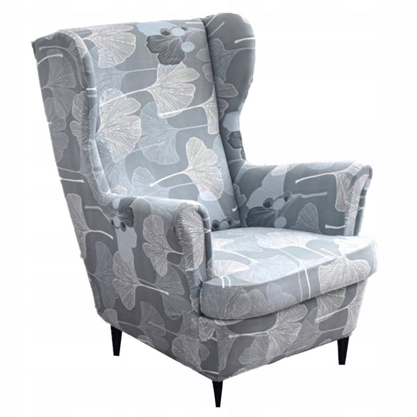 Päällinen siipiselle nojatuolille, harmaa, lehtikuvio, kuminauha [22EW8]