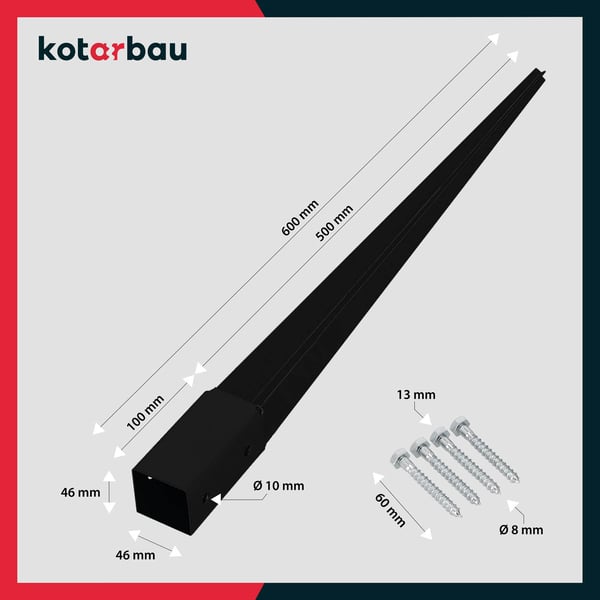 KOTARBAU® stålstolpefäste til pergolaror og pavilloner, 46 x 46 x 600 mm, sort, sæt af 2
