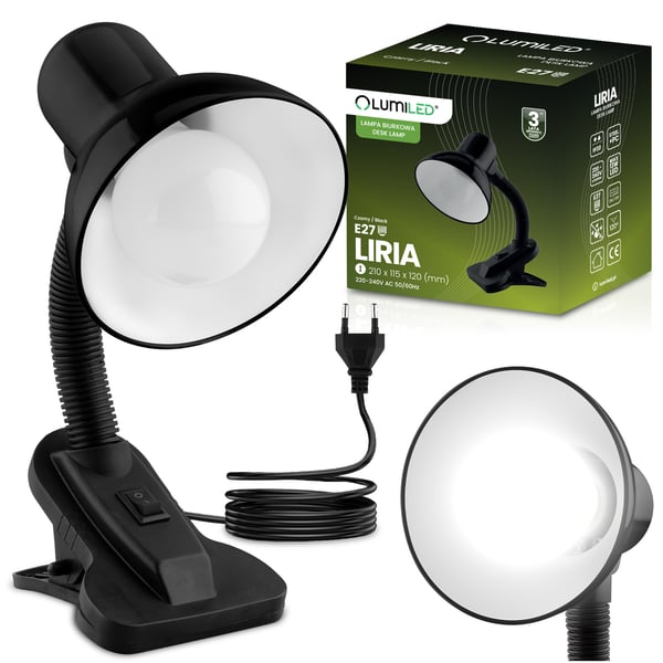 Skrivebordlampe regulerbar LIRIA skolelamp nat E27 klemme sort LUMILED