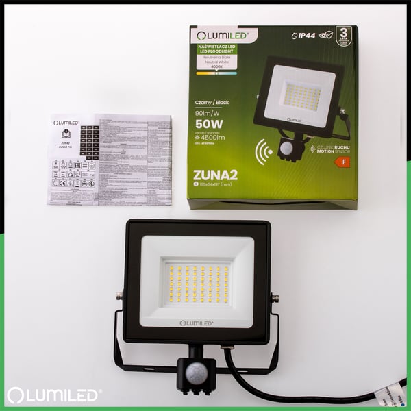 LED-valonheitin ZUNA2 50W 4500lm 4000K IP44 musta liiketunnistin LUMILED