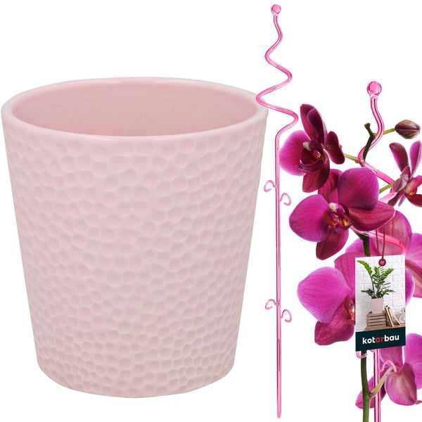 Kotarbau® vaaleanpunainen kukkaruukkusetti 15 cm vaaleanpunaisella tuella 58 cm kukille Keraaminen kukkaruukku Muovinen tuki kasveille Orkideasetti