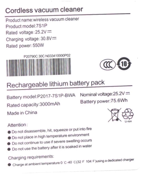 Xiaomi batteri til Mi Dampsugere G9 G10 25,2V 3000mAh P2017-7S1P-BWA