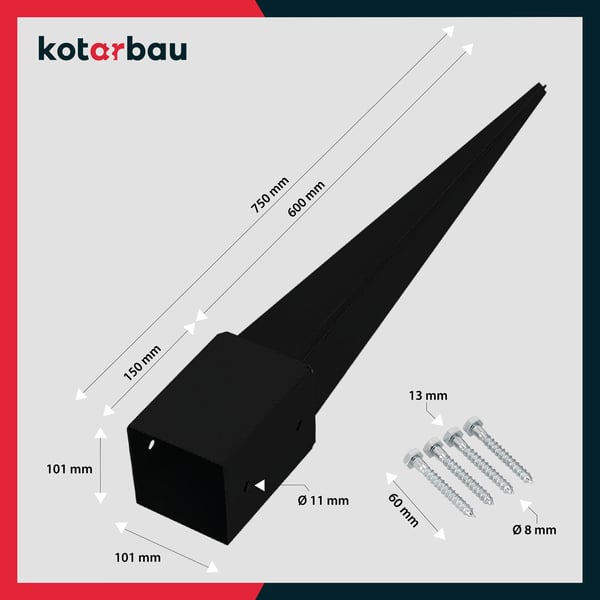 KOTARBAU stålstolpefäste til pergolabuer og pavilloner 101 x 101 x 750 mm sort, sæt á 4