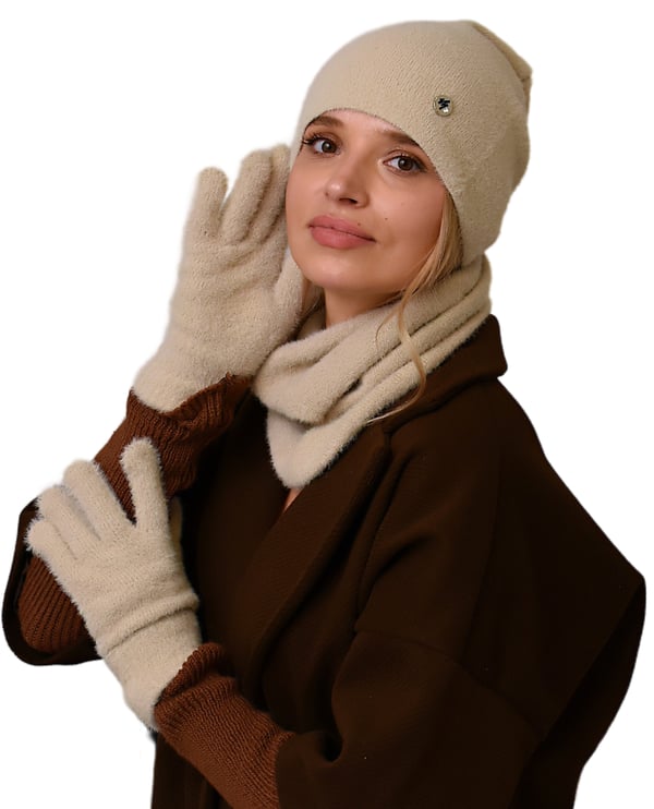Beige damset mössa, tubhalsduk och handskar varm vinterset