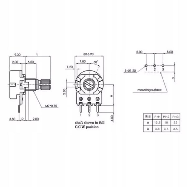 Lineært roterende potentiometer B10K 10K Ohm L=15mm 1 stk.