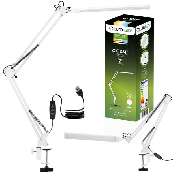 Pöytävalaisin LED-tekniikka Cosmi 8W CCT USB-himmentävä valkoinen kiinnikkeellä Lumiled