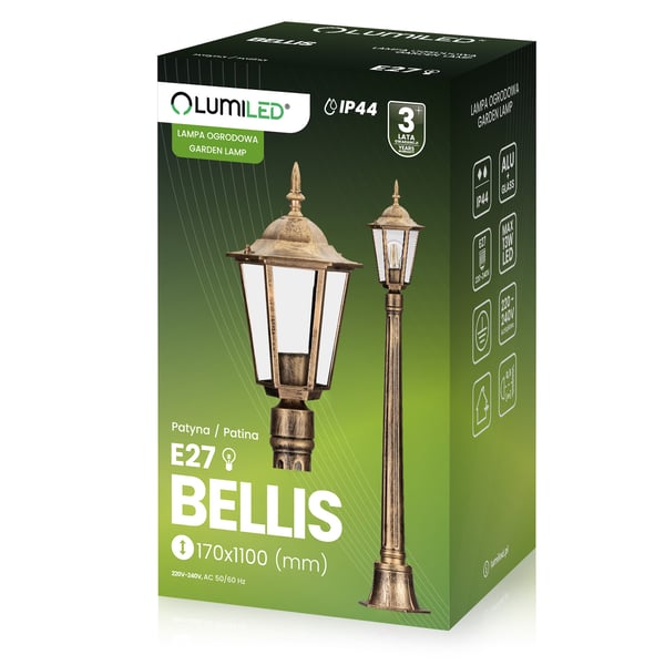 Ulkopuutarhavalaisin E27 matala pylväslyhty 110 cm Patina BELLIS LUMILED