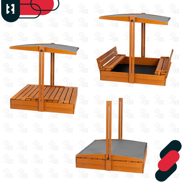 KOTARBAU® Suuri puinen hiekkalaatikko harmaalla katolla, kyllästetty, suljettu, penkeillä, ruskea, 100 x 100 CM