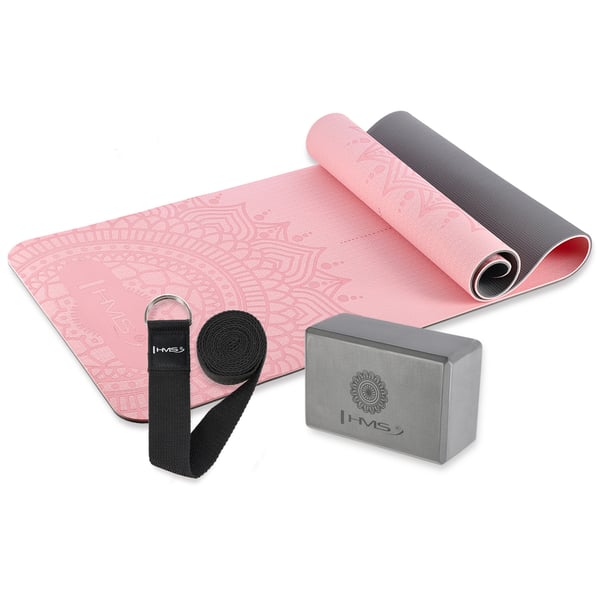 Yogaset HMS matta TPE ljusrosa YM10 och block grå KJ02 och remmen SJ02