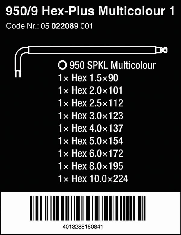 SÆT MED KUGLEHOVEDNØGLER 950 SPKL/9 HEX 1,5-10MM - W05022089001