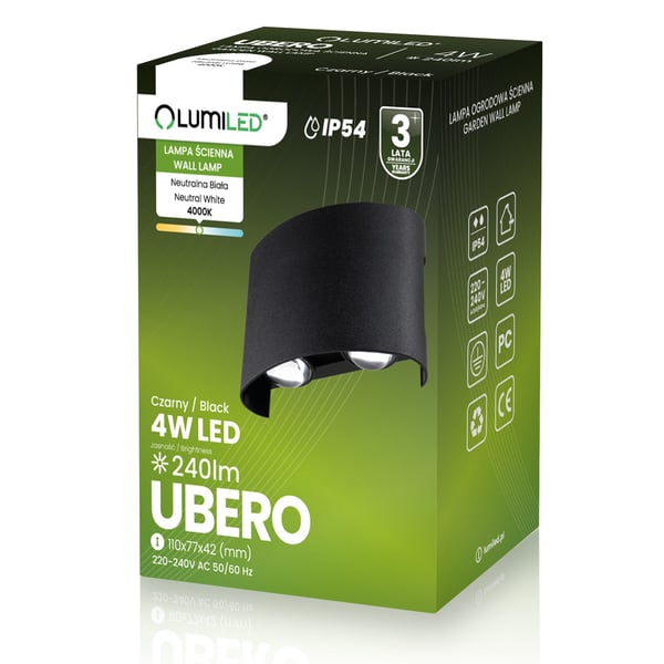 UBERO LUMILED ulkopuutarhavalaisin, 4 W LED IP54, ylä-/alaosa, julkisivuseinävalaisin