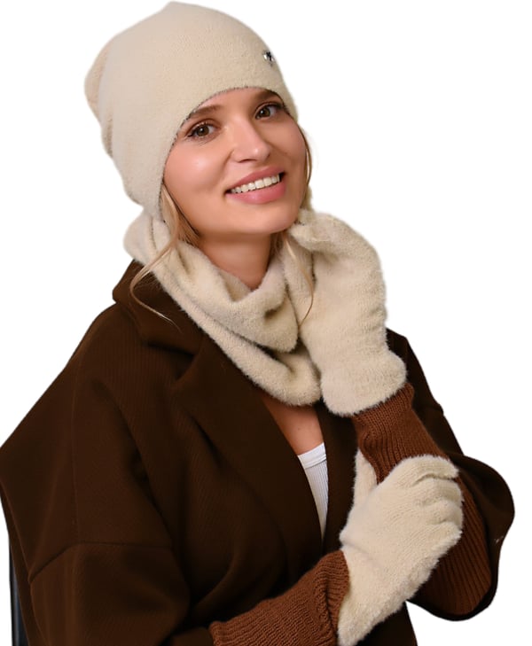 Beige damset mössa, tubhalsduk och handskar varm vinterset