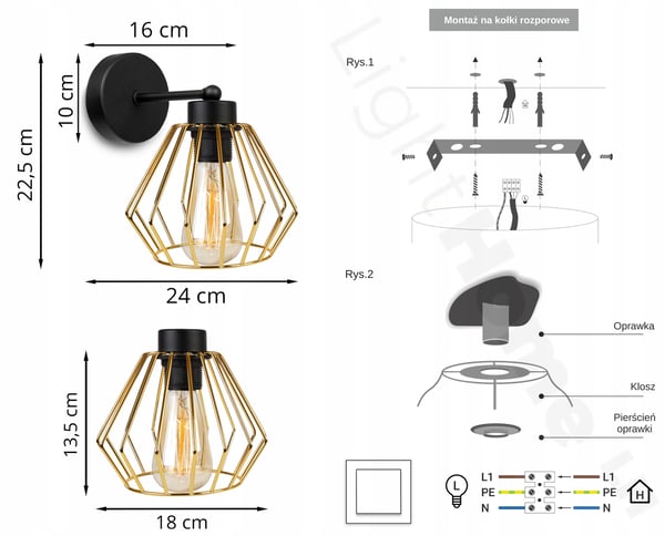 ELEGANT RETRO VÆGLAMPE MED TRÅD GULD LOFT
