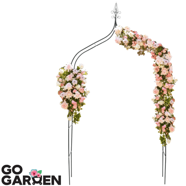 Metallträdgårdspergola för blommor, rosor och klätterväxter med stöd, båge och ankare