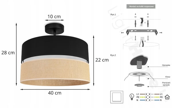 LOFTSLAMPE I JUTE SKÆRM 40CM SORT