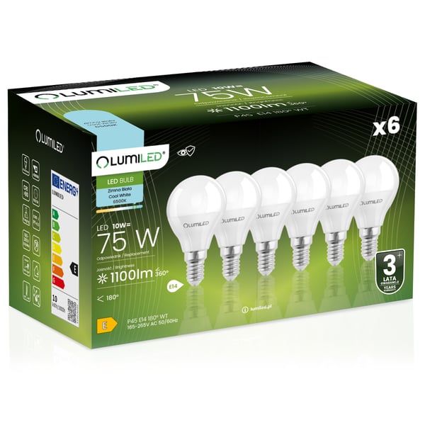 6x LED-pære E14 kugle P45 10W = 75W 1100lm 6500K kold hvid 180° LUMILED