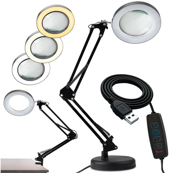 Bordlampe LED 8W CCT tegning bordplade 3x forstørrelsesglas lupe LUCA 2 sort LUMILED