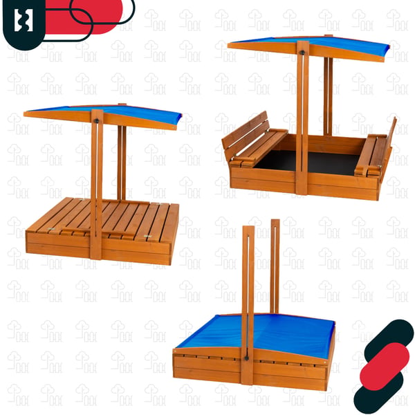 KOTARBAU® stor sandlåda i trä med blått tak, impregnerad, stängd, med bänkar, brun, 100 x 100 cm