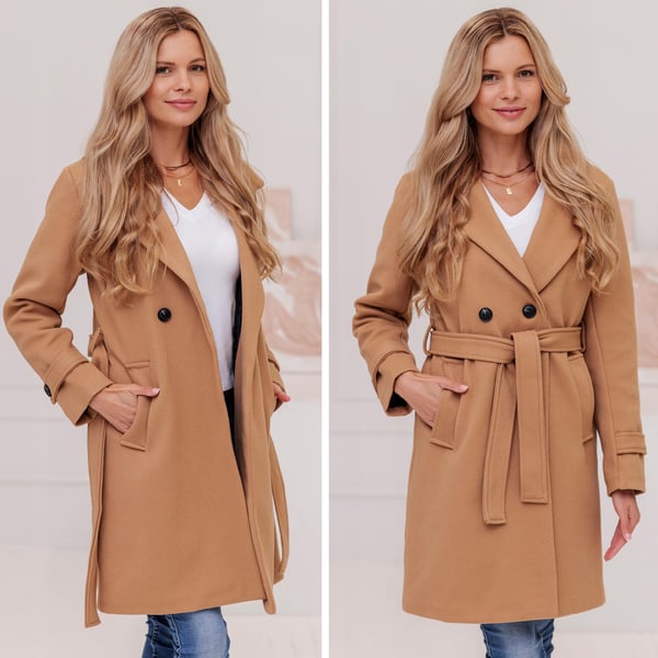 DAME RIBBET JAKKE MED BÆLTE OVERGANGS EFTERÅRS/VINTER MED ULD XL Beige