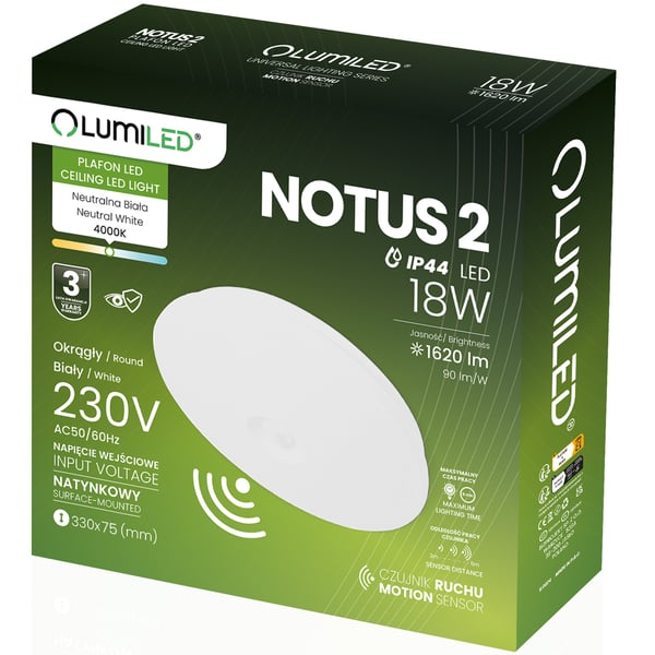 LED loftlampe overflademonteret 18W NOTUS 2 rund bevægelsessensor IP44 33 cm LUMILED