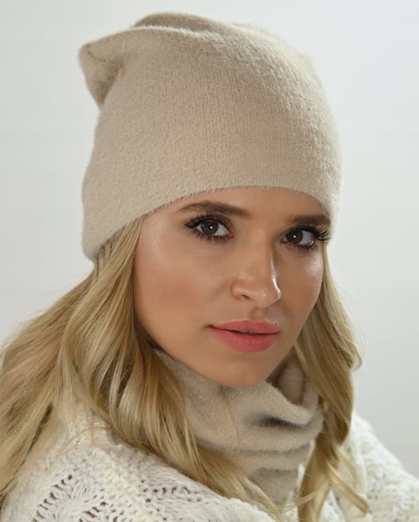 Varmt sæt med hue og halsedisse Alpaca Touch Beige AL1