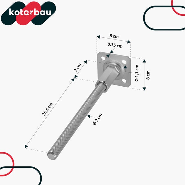 KOTARBAU® Vertikalt justerbart stålstolpankare för paviljonger 80 x 330 mm 4-pack