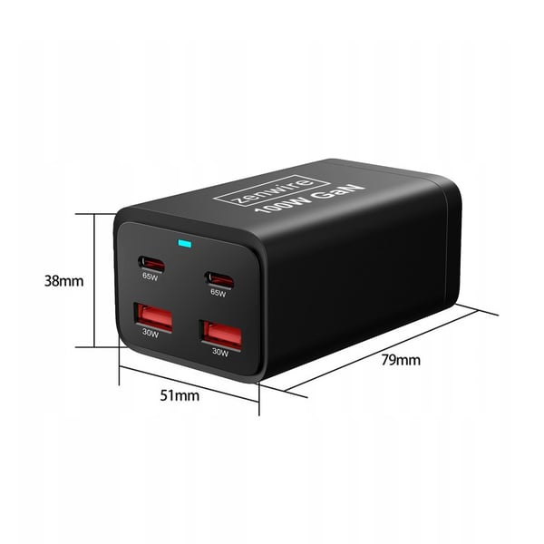 Vægoplader Strømforsyning 100W GaN III Cube AC Kabel 2x USB-C 65W 2x USB-A Zenwire YMS-608