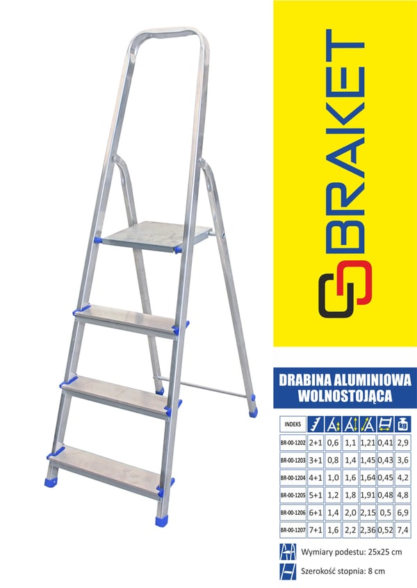 Vapaasti seisovat alumiinitikkaat 215 cm, 6 askelmaa + taso - BR-00-1206